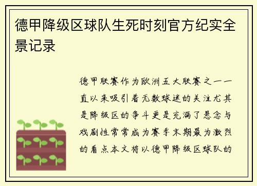 德甲降级区球队生死时刻官方纪实全景记录