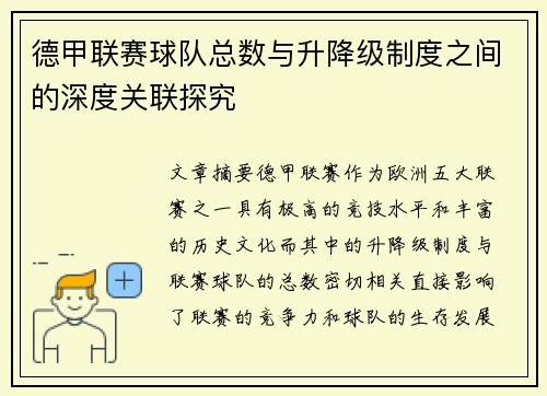 德甲联赛球队总数与升降级制度之间的深度关联探究