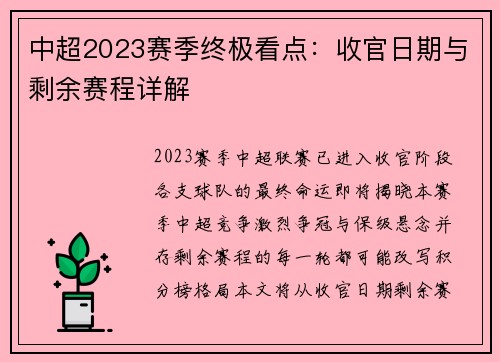 中超2023赛季终极看点：收官日期与剩余赛程详解